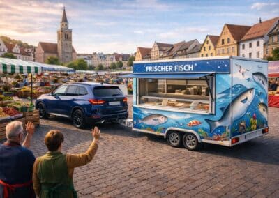 Folierter Verkaufsanhänger Frischer Fisch auf dem Markt