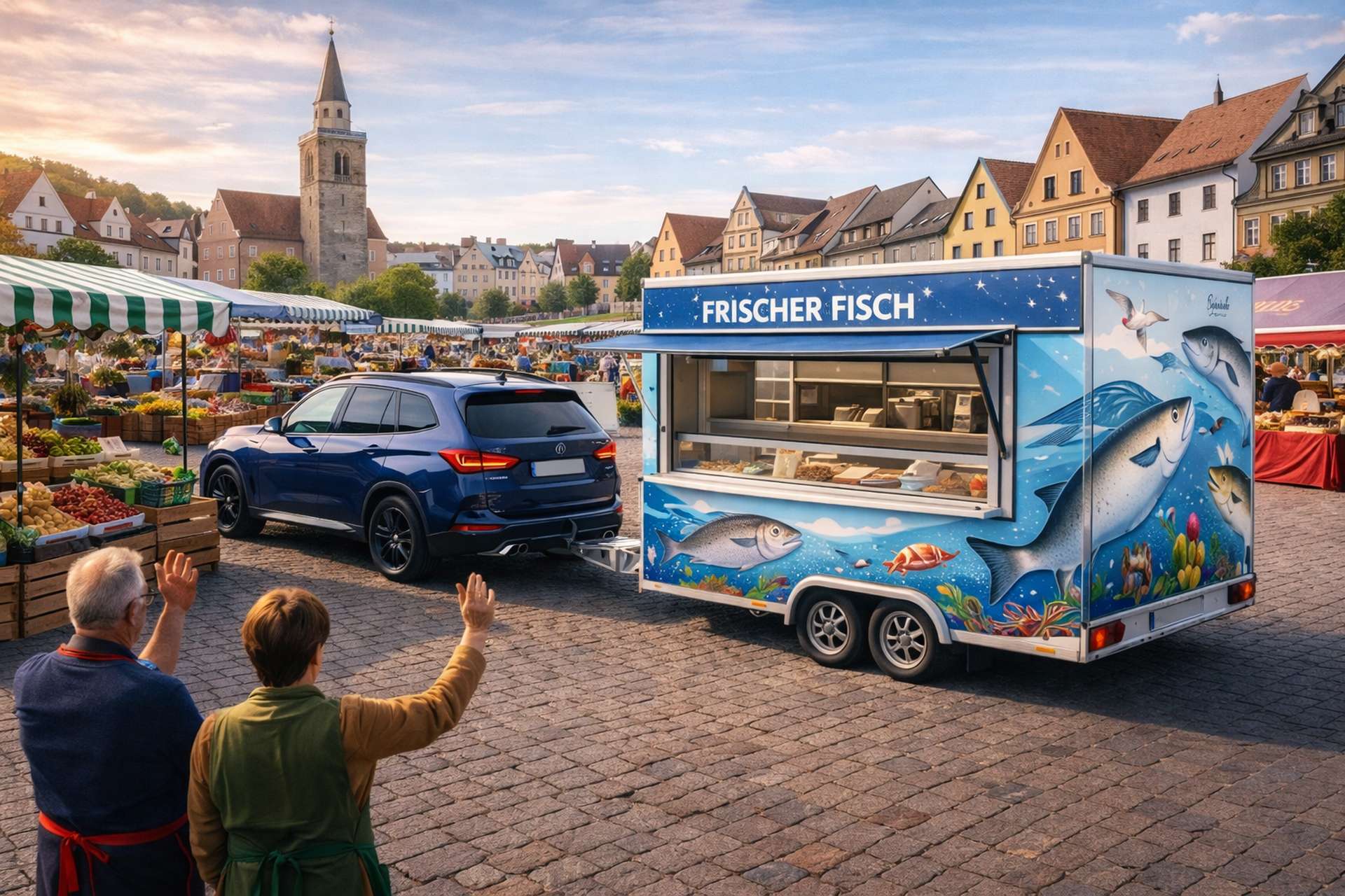 Folierter Verkaufsanhänger Frischer Fisch auf dem Markt