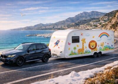 Folierter Wohnwagen mit Kinder-Motiven