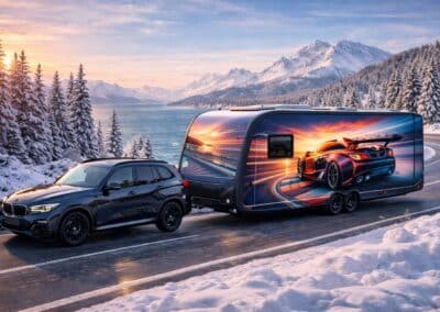 Folierter Caravan mit Rennsport-Motiv