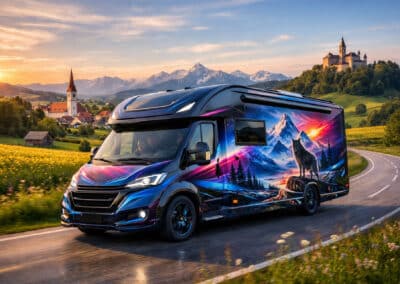 Foliertes Wohnmobil Winter-Motiv mit Wolf