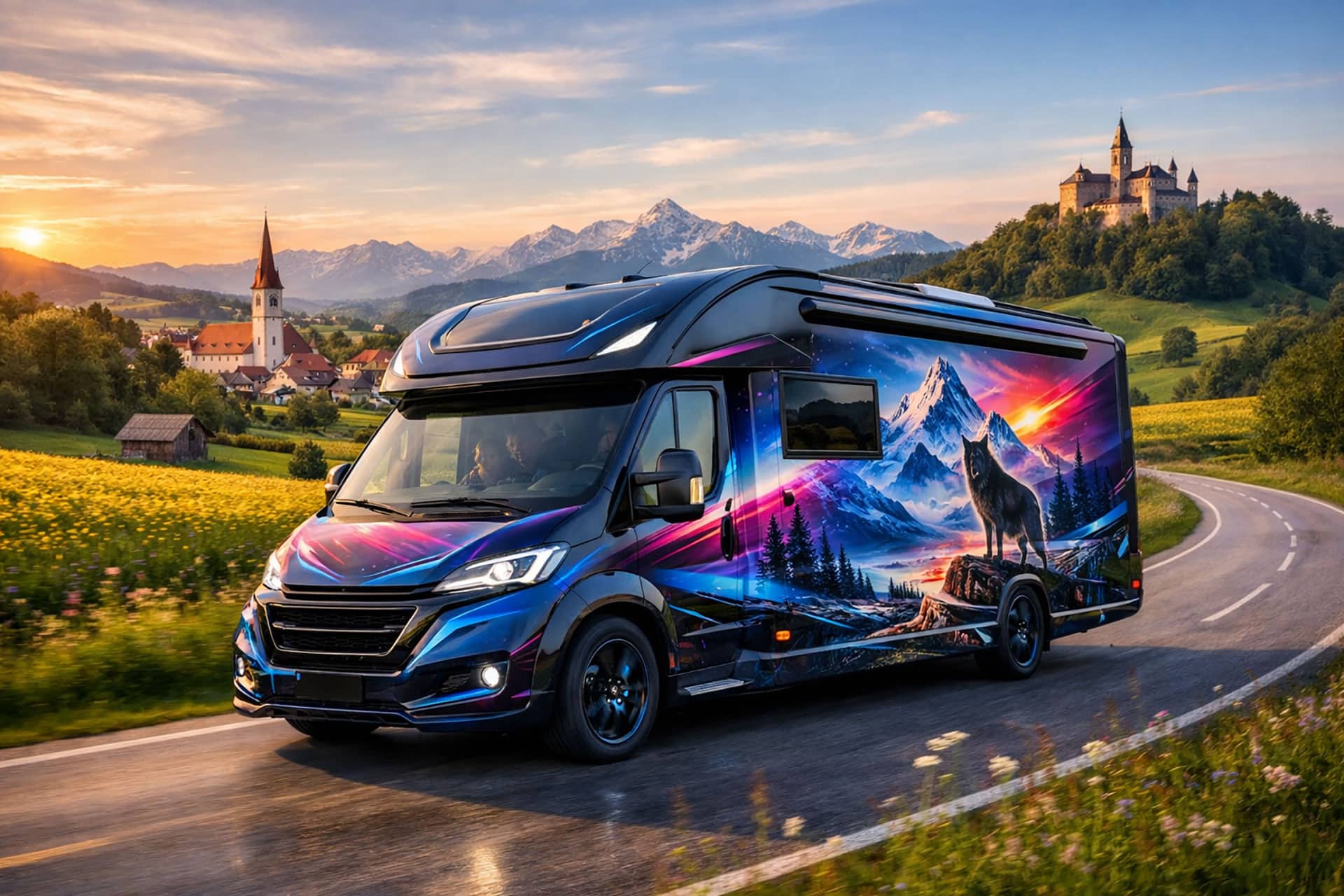 Foliertes Wohnmobil Winter-Motiv mit Wolf