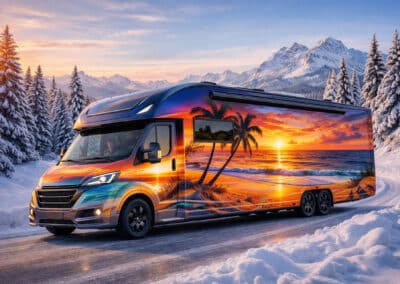 Foliertes Wohnmobil mit Sommermotiv in Schneelandschaft